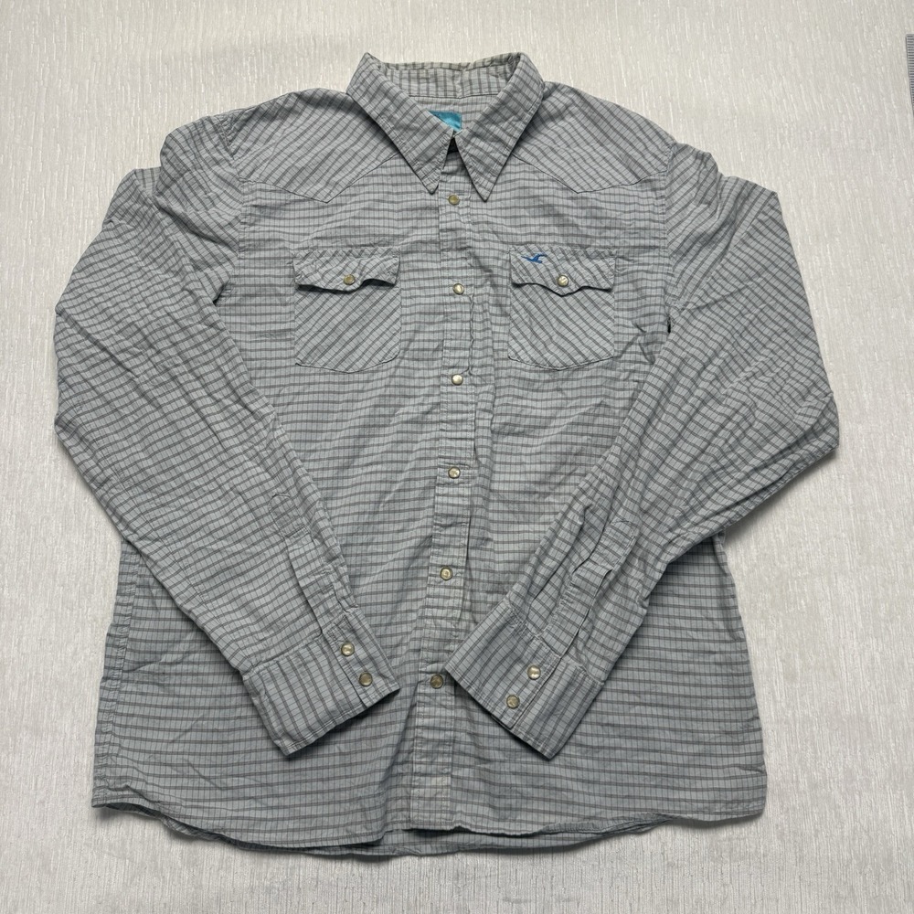 Hollister Pearl Snap Button Down Work Shirt Mens XL Blue Grey Plaid Western Y2K
